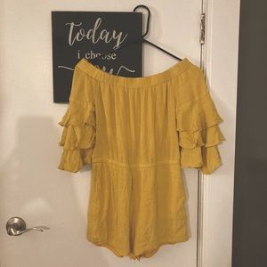 Lulus off-shoulder boho romper in mustard yellow, S